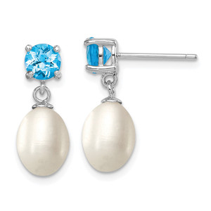 Sterling Silver Rhodium-plated 7-8mm White Teardrop Freshwater Cultured Pearl and 1.30BT Blue Topaz Post Dangle Earrings