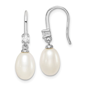 Sterling Silver Rhodium-plated 7-8mm White Teardrop Freshwater Cultured Pearl and CZ Dangle Earrings - QE-856655F0-7703