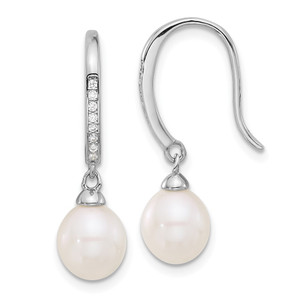 Sterling Silver Rhodium-plated 7-8mm White Teardrop Freshwater Cultured Pearl and CZ Dangle Earrings - QE-A9200E5D-8521