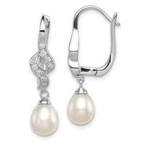 Sterling Silver Rhodium-plated 7-8mm White Teardrop Freshwater Cultured Pearl and CZ Dangle Leverback Earrings - QE-065DA90C-6517