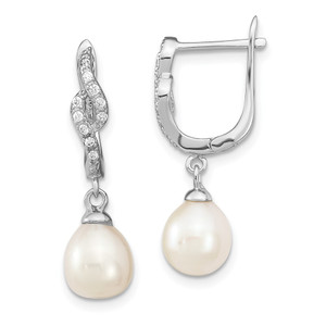 Sterling Silver Rhodium-plated 7-8mm White Teardrop Freshwater Cultured Pearl and CZ Dangle Leverback Earrings - QE-4EC3A6FC-9610