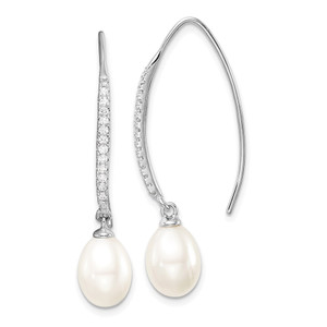 Sterling Silver Rhodium-plated 7-8mm White Teardrop Freshwater Cultured Pearl and CZ Threader Earrings - QE-45F5AEF9-6730