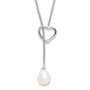 Sterling Silver Rhodium-plated 7-8mm White Teardrop Freshwater Cultured Pearl Heart 20 inch Necklace