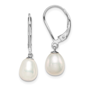 Sterling Silver Rhodium-plated 7-8mm White Teardrop Freshwater Cultured Pearl Leverback Dangle Earrings
