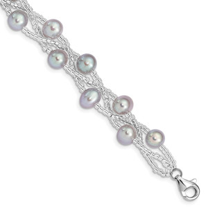 Sterling Silver Rhodium-plated 7-9mm Grey Semi-Round Freshwater Cultured Pearl and Glass Beaded 7.5 inch Bracelet