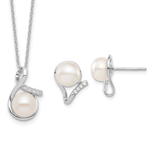 Sterling Silver Rhodium-plated 8-10mm White Button Freshwater Cultured Pearl and CZ 17 inch and Post Earrings Set