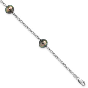 Sterling Silver Rhodium-plated 8-9mm Black Baroque Tahitian Saltwater Cultured Pearl 3-Station 7.5 inch Bracelet