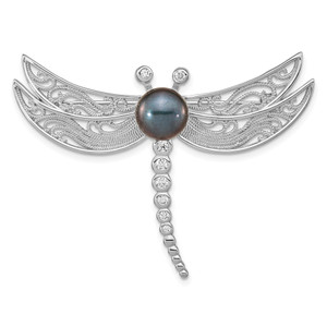 Sterling Silver Rhodium-plated 8-9mm Black Button Freshwater Cultured Pearl and CZ Dragonfly Brooch
