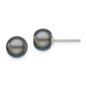 Sterling Silver Rhodium-plated 8-9mm Black Button Freshwater Cultured Pearl Post Earrings