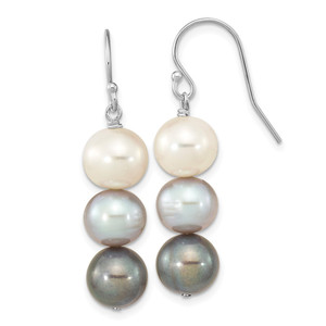 Sterling Silver Rhodium-plated 8-9mm Black, White and Grey Near-Round Freshwater Cultured Pearl Dangle Earrings