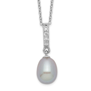 Sterling Silver Rhodium-plated 8-9mm Grey Teardrop Freshwater Cultured Pearl and CZ 17 inch Necklace