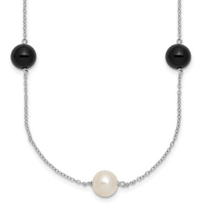 Sterling Silver Rhodium-plated 8-9mm Round White Freshwater Cultured Pearl and Onyx 7-Station 18 inch Necklace