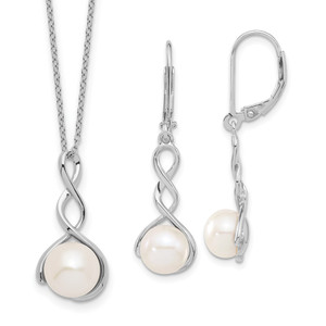 Sterling Silver Rhodium-plated 8-9mm White Button Freshwater Cultured Pearl 17 inch Necklace and Leverback Dangle Earrings Set