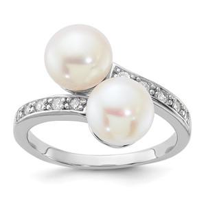 Sterling Silver Rhodium-plated 8-9mm White Button Freshwater Cultured Pearl and CZ Bypass Ring - QR-41BF4A0E-4194