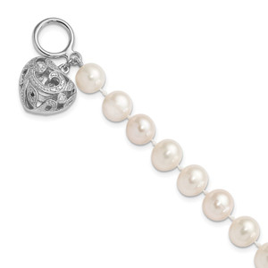 Sterling Silver Rhodium-plated 8-9mm White Near-Round Freshwater Cultured Pearl Heart Toggle 7.5 inch Bracelet - QH-FA4B2543-1872