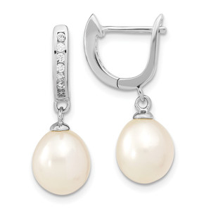 Sterling Silver Rhodium-plated 8-9mm White Rice Freshwater Cultured Pearl and CZ Dangle Hoop Earrings