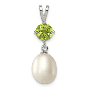 Sterling Silver Rhodium-plated 8-9mm White Teardrop Freshwater Cultured Pearl and .90PE Peridot Pendant