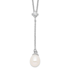 Sterling Silver Rhodium-plated 8-9mm White Teardrop Freshwater Cultured Pearl and CZ Drop 18 inch Necklace