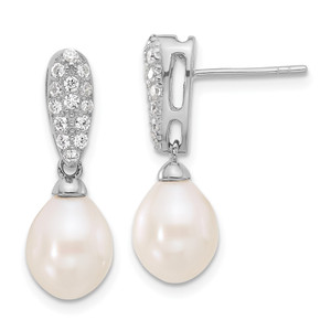 Sterling Silver Rhodium-plated 8-9mm White Teardrop Freshwater Cultured Pearl and CZ Post Dangle Earrings - QE-1D9FA663-1619