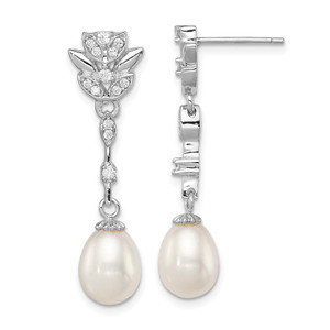Sterling Silver Rhodium-plated 8-9mm White Teardrop Freshwater Cultured Pearl and CZ Post Dangle Earrings - QE-9AC076DC-7212