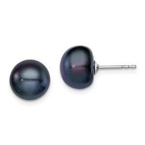 Sterling Silver Rhodium-plated 9-10mm Black Button Freshwater Cultured Pearl Post Earrings