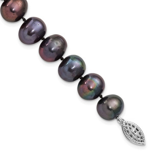 Sterling Silver Rhodium-plated 9-10mm Black Near-Round Freshwater Cultured Pearl 7.25 inch  Bracelet