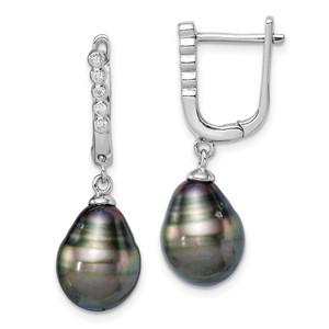 Sterling Silver Rhodium-plated 9-10mm Black Teardrop Tahitian Saltwater Cultured Pearl and CZ Dangle Earrings