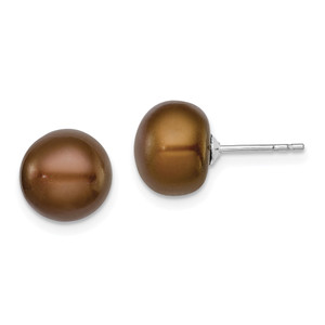 Sterling Silver Rhodium-plated 9-10mm Brown Button Freshwater Cultured Pearl Post Earrings