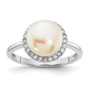 Sterling Silver Rhodium-plated 9-10mm Button White Freshwater Cultured Pearl and CZ Ring - QR-FC8E7BAB-1658
