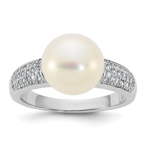 Sterling Silver Rhodium-plated 9-10mm Button White Freshwater Cultured Pearl and CZ Size 7 Ring