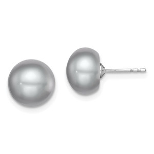 Sterling Silver Rhodium-plated 9-10mm Grey Button Freshwater Cultured Pearl Post Earrings