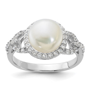 Sterling Silver Rhodium-plated 9-10mm White Button Freshwater Cultured Pearl and CZ Ring - QR-81D68AE1-1894