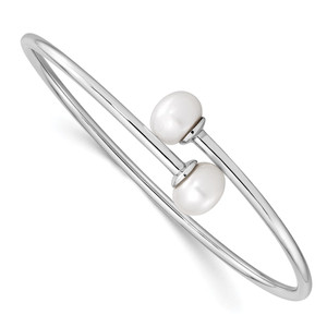 Sterling Silver Rhodium-plated 9-10mm White Freshwater Cultured Pearl Flexible Cuff Bangle