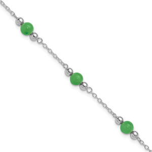 Sterling Silver Rhodium-plated 9inch Polished Green Jade Anklet