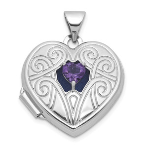 Sterling Silver Rhodium-plated Amethyst February Birthstone 18mm Heart Locket