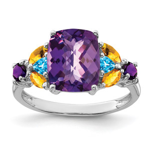 Sterling Silver Rhodium-plated Amethyst, Blue Topaz & Citrine Ring - QR-D8779249-6497
