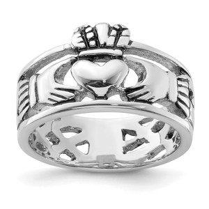 Sterling Silver Rhodium-plated and Antiqued Claddagh Ring - QR-6ED26520-7547