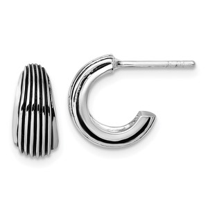 Sterling Silver Rhodium-plated Antiqued Grooved Graduated J-Hoop Post Earrings