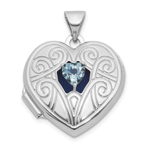 Sterling Silver Rhodium-plated Aquamarine March Birthstone 18mm Heart Locket