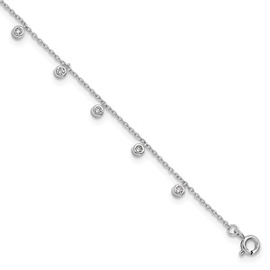 Sterling Silver Rhodium-plated Bezel CZ 9in Plus 1in ext Anklet