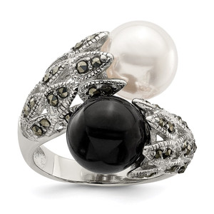 Sterling Silver Rhodium-plated Black and White Plastic Imitation Pearl Marcasite Ring - QR-DFA154CF-1898