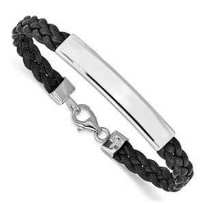 Sterling Silver Rhodium-plated Black Braided Leather Bracelet - QG-81D9C1C4-3235