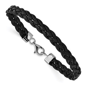 Sterling Silver Rhodium-plated Black Braided Leather Bracelet - QG-86864F64-9181