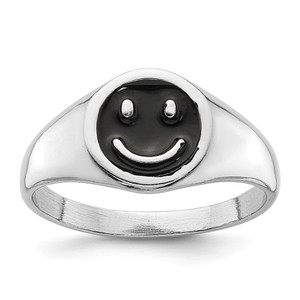 Sterling Silver Rhodium-plated Black Enamel Smiley Face Ring - QR-AAB806F9-6709