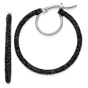 Sterling Silver Rhodium-plated Black Glitter Enamel 2x30mm Hoop Earrings