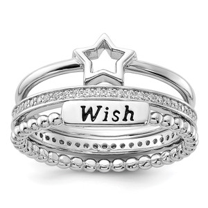Sterling Silver Rhodium-plated Black Ink CZ Star WISH 3 Ring Set - QR-FFA68D86-5336