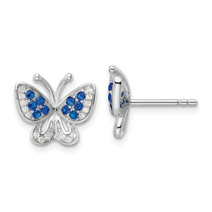Sterling Silver Rhodium-plated Blue & White CZ Butterfly Post Earrings - QE-3975860A-3345