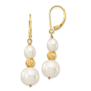 14k 6-10mm White Round and Rice Freshwater Cultured Pearland Diamond-cut Beaded Dangle Leverback Earrings