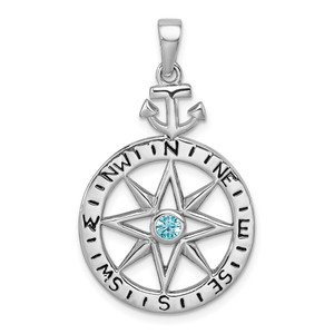Sterling Silver Rhodium-plated Blue CZ Compass Rose with Small Anchor Pendant