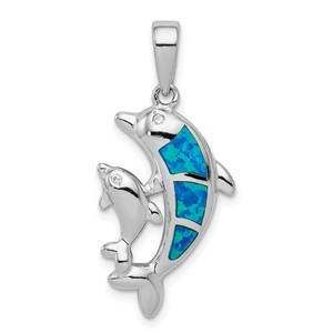 Sterling Silver Rhodium-plated Blue Inlay Created Opal Dolphin Pendant - QC-9DFAE5A2-7267